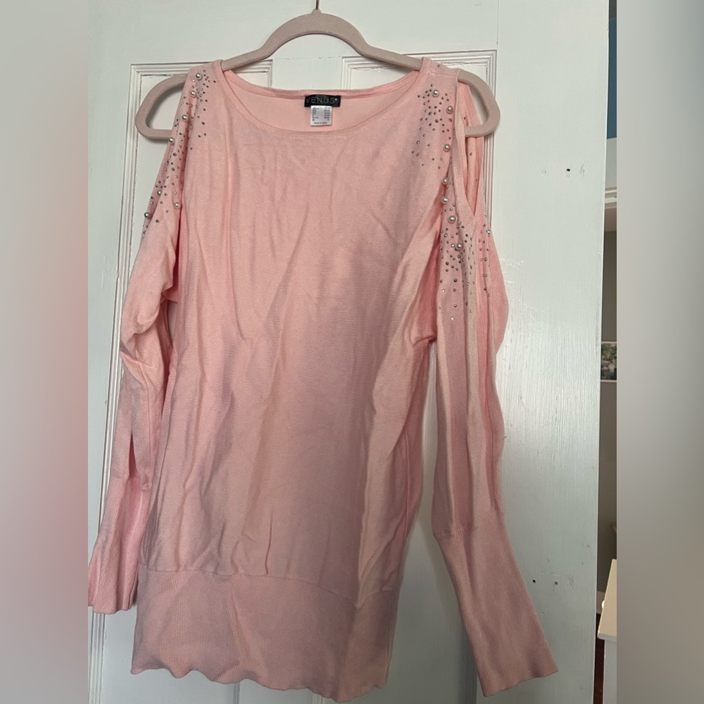 Venus size medium pearl beaded open shoulder sweater